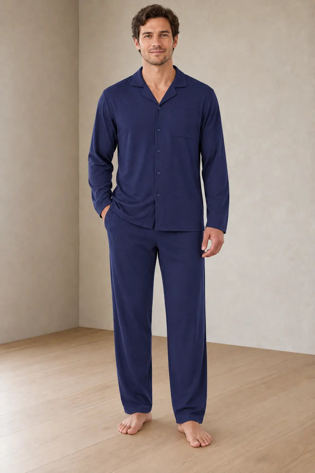 Men's Pajama Set - Notch Collar Button-Front Long Sleeve Shirt & Pants with Pockets - Navy Blue