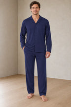 Men's Pajama Set - Notch Collar Button-Front Long Sleeve Shirt & Pants with Pockets - Navy Blue