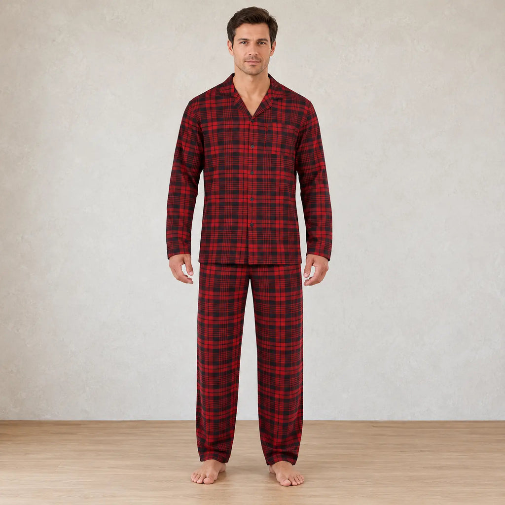 Men's Pajama Set - Notch Collar Button-Front Long Sleeve Shirt & Pants with Pockets - Red Plaid