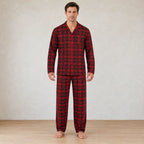 Men's Pajama Set - Notch Collar Button-Front Long Sleeve Shirt & Pants with Pockets - Red Plaid