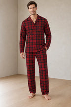 Men's Pajama Set - Notch Collar Button-Front Long Sleeve Shirt & Pants with Pockets - Red Plaid