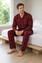 Men's Pajama Set - Notch Collar Button-Front Long Sleeve Shirt & Pants with Pockets - Red Plaid