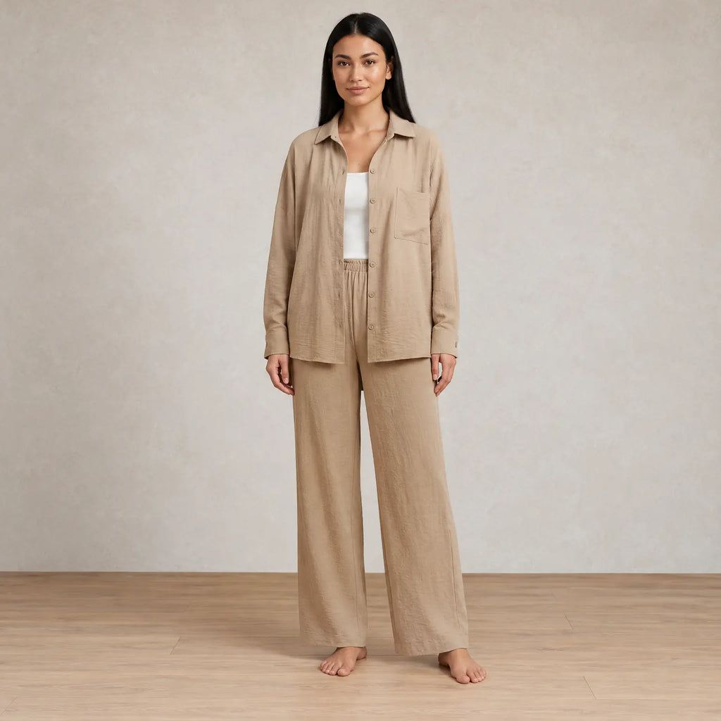 Women's Linen Set - Oversized Button-Down Shirt with Chest Pocket & Straight Leg Pants - Beige