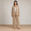 Women's Linen Set - Oversized Button-Down Shirt with Chest Pocket & Straight Leg Pants - Beige