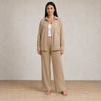 Women's Linen Set - Oversized Button-Down Shirt with Chest Pocket & Straight Leg Pants - Beige