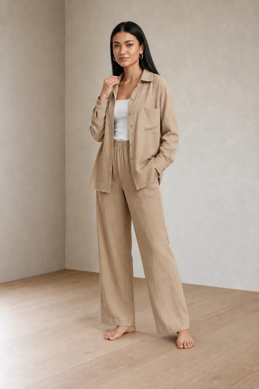 Women's Linen Set - Oversized Button-Down Shirt with Chest Pocket & Straight Leg Pants - Beige