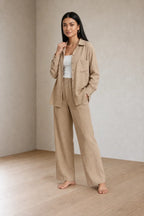 Women's Linen Set - Oversized Button-Down Shirt with Chest Pocket & Straight Leg Pants - Beige