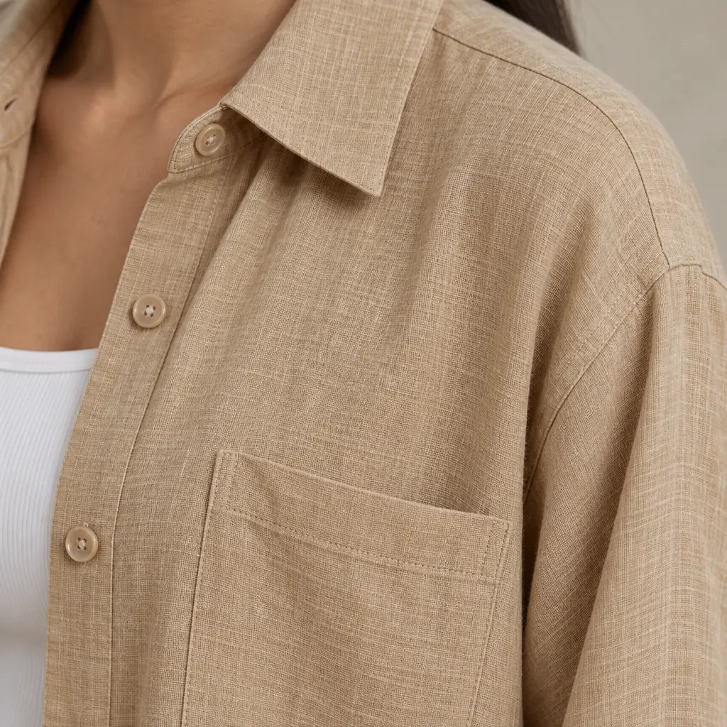 Women's Linen Set - Oversized Button-Down Shirt with Chest Pocket & Straight Leg Pants - Beige