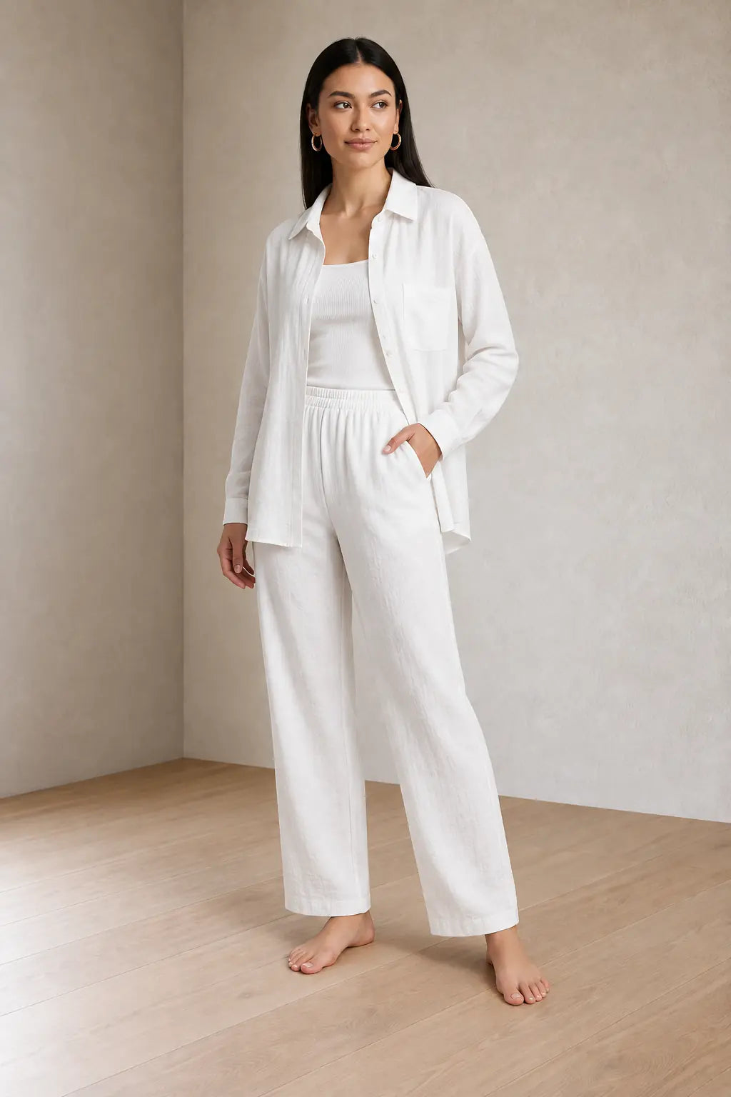 Women's Linen Set - Oversized Button-Down Shirt with Chest Pocket & Straight Leg Pants - White