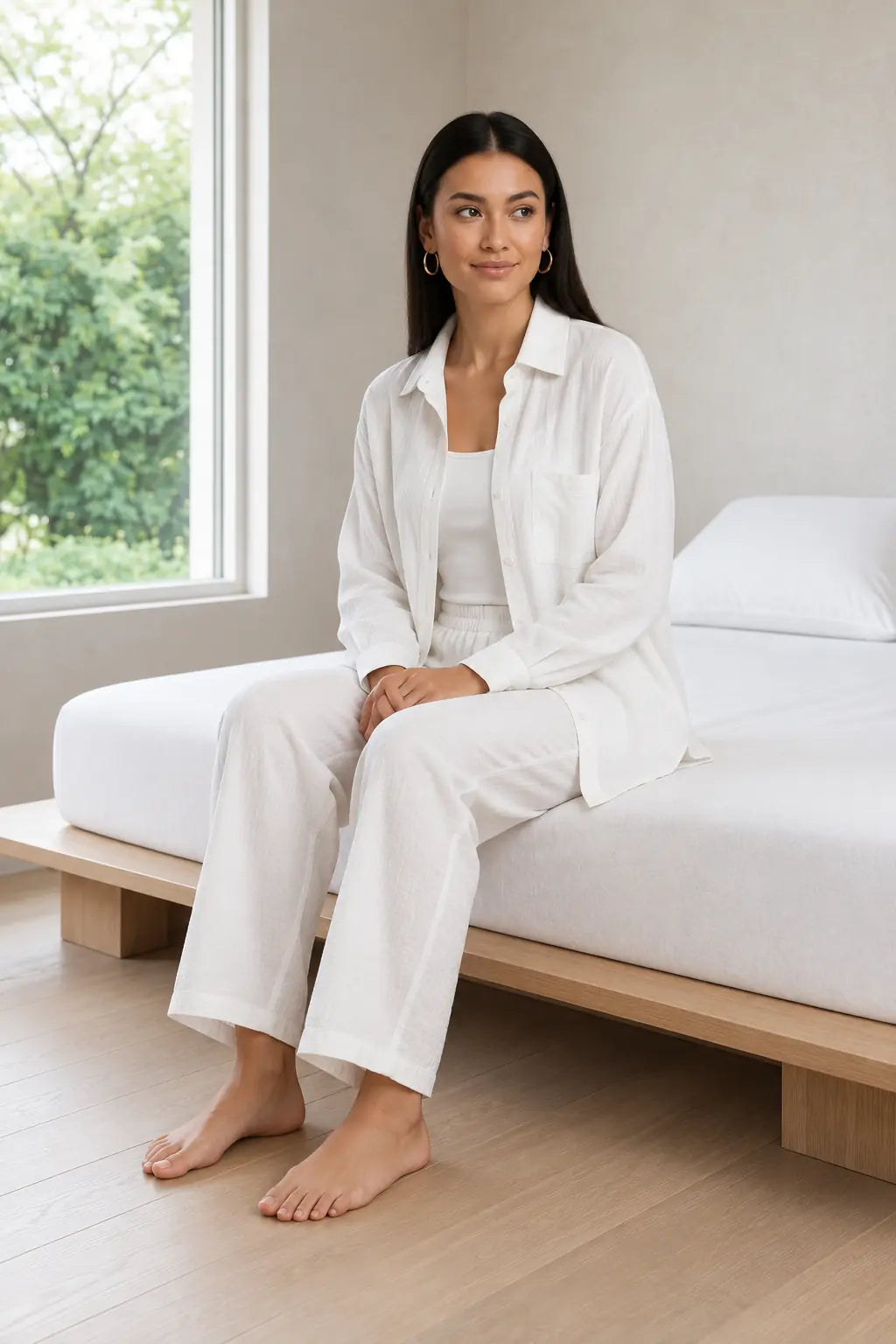 Women's Linen Set - Oversized Button-Down Shirt with Chest Pocket & Straight Leg Pants - White