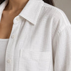 Women's Linen Set - Oversized Button-Down Shirt with Chest Pocket & Straight Leg Pants - White