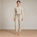 Women's Linen Set - Long Sleeve Crew Neck Top & Tie-Waist Tapered Lounge Pants - Natural