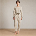 Women's Linen Set - Long Sleeve Crew Neck Top & Tie-Waist Tapered Lounge Pants - Natural