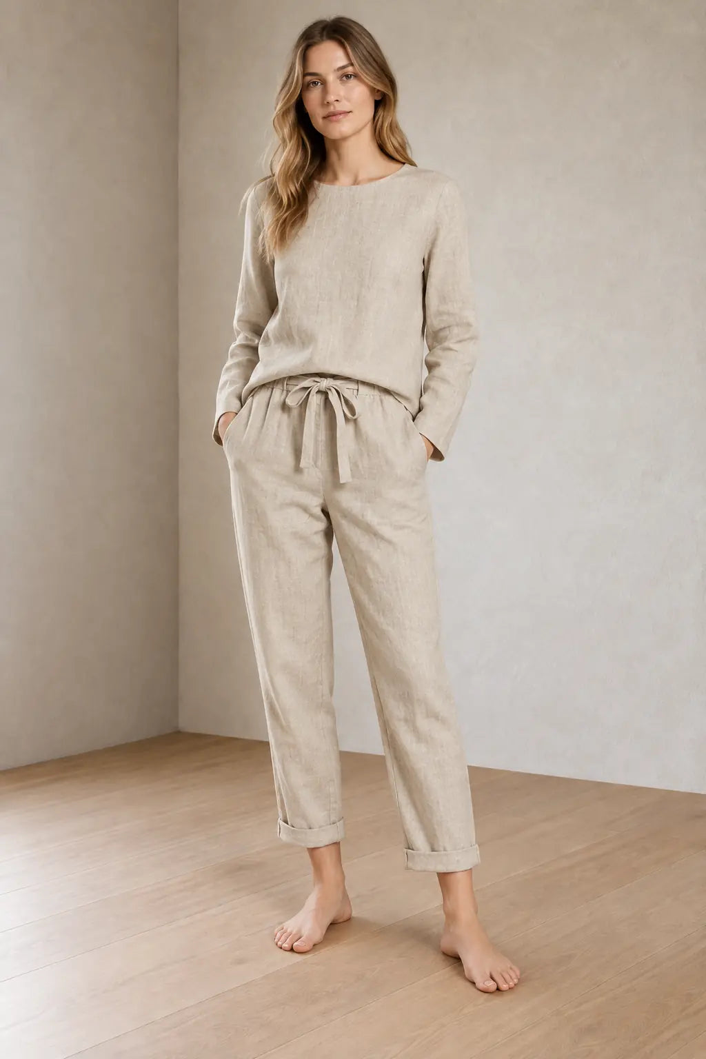 Women's Linen Set - Long Sleeve Crew Neck Top & Tie-Waist Tapered Lounge Pants - Natural