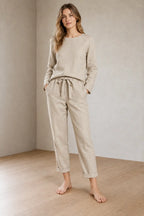 Women's Linen Set - Long Sleeve Crew Neck Top & Tie-Waist Tapered Lounge Pants - Natural