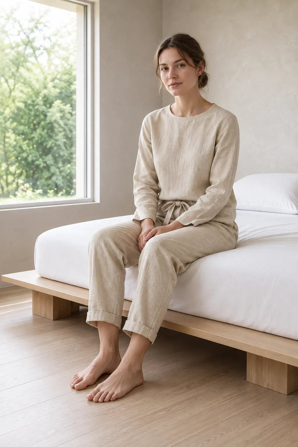 Women's Linen Set - Long Sleeve Crew Neck Top & Tie-Waist Tapered Lounge Pants - Natural