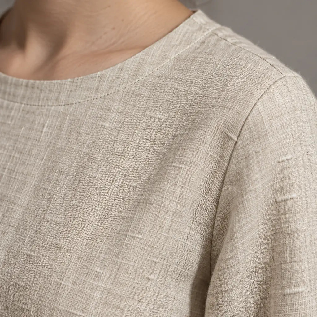 Women's Linen Set - Long Sleeve Crew Neck Top & Tie-Waist Tapered Lounge Pants - Natural