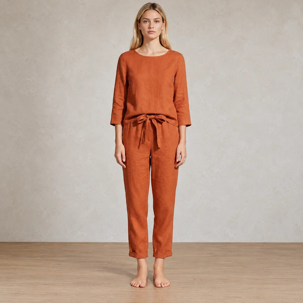 Women's Linen Set - Long Sleeve Crew Neck Top & Tie-Waist Tapered Lounge Pants - Terracotta