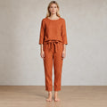 Women's Linen Set - Long Sleeve Crew Neck Top & Tie-Waist Tapered Lounge Pants - Terracotta