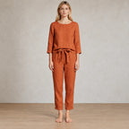 Women's Linen Set - Long Sleeve Crew Neck Top & Tie-Waist Tapered Lounge Pants - Terracotta