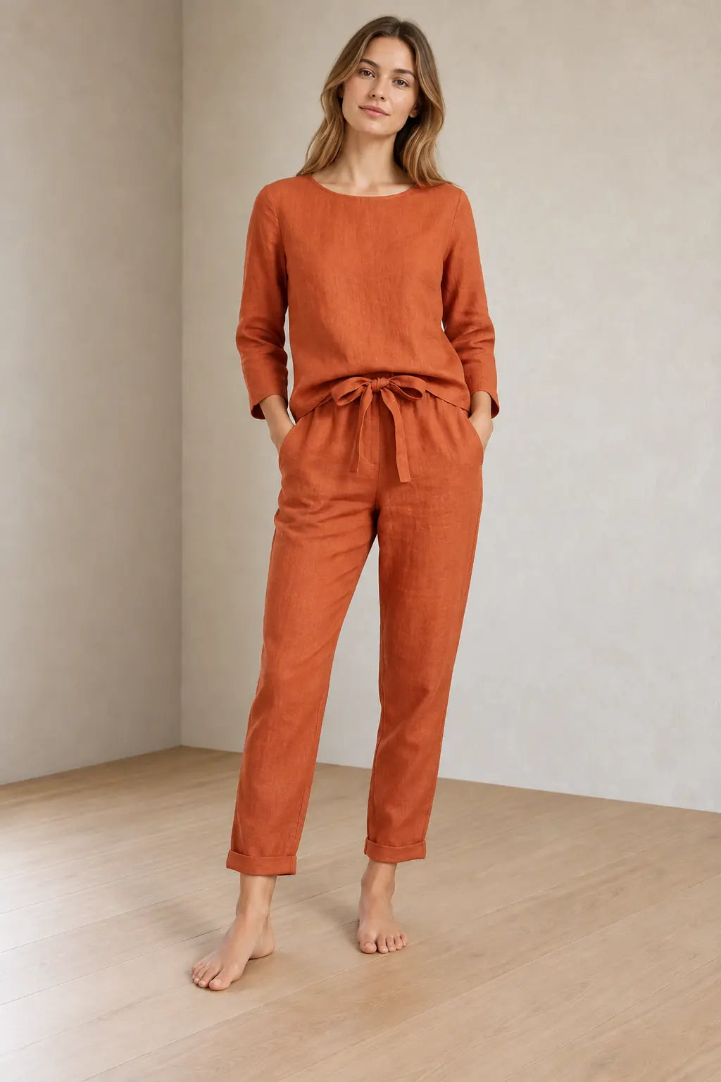 Women's Linen Set - Long Sleeve Crew Neck Top & Tie-Waist Tapered Lounge Pants - Terracotta