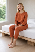 Women's Linen Set - Long Sleeve Crew Neck Top & Tie-Waist Tapered Lounge Pants - Terracotta
