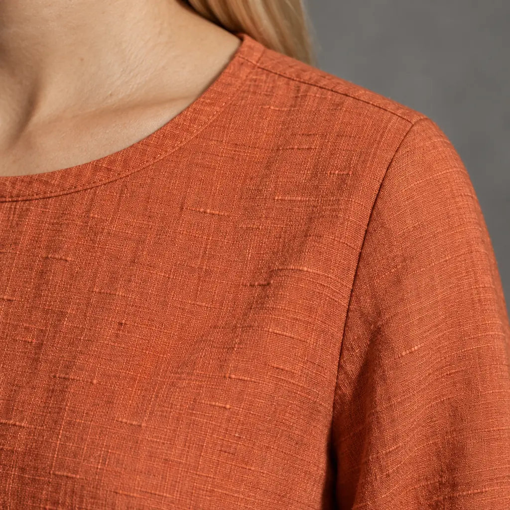 Women's Linen Set - Long Sleeve Crew Neck Top & Tie-Waist Tapered Lounge Pants - Terracotta