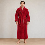 Men's Fleece Robe - Thick Flannel Shawl Collar Bathrobe with Belt & Pockets - Carmine