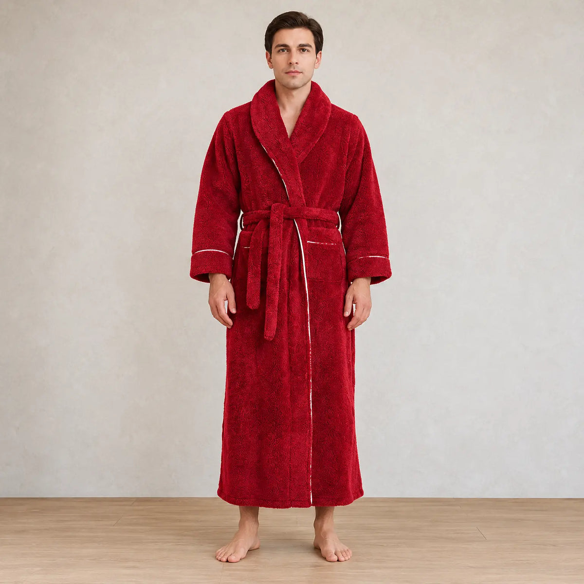 Men's Fleece Robe - Thick Flannel Shawl Collar Bathrobe with Belt & Pockets - Carmine