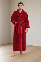 Men's Fleece Robe - Thick Flannel Shawl Collar Bathrobe with Belt & Pockets - Carmine