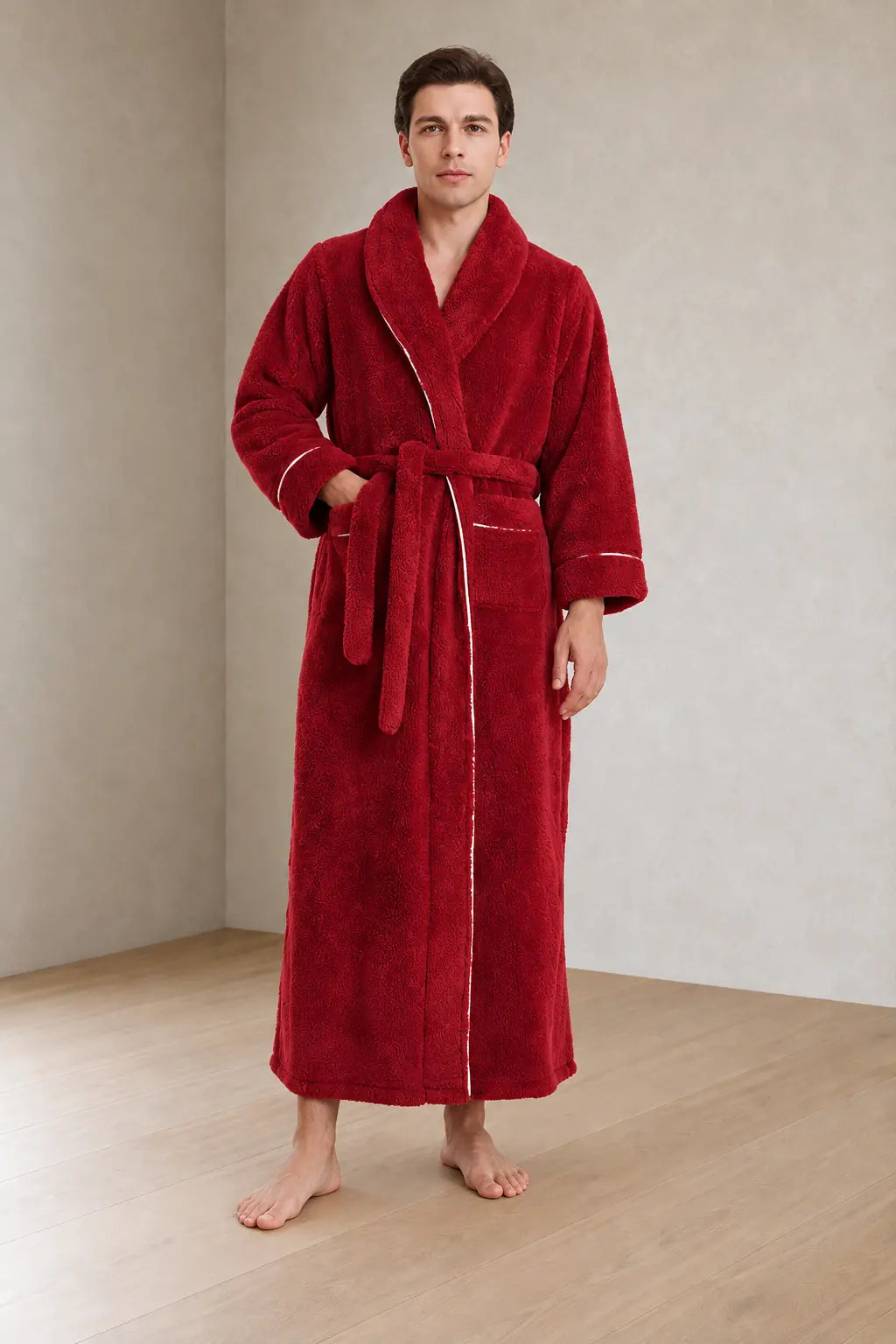 Men's Fleece Robe - Thick Flannel Shawl Collar Bathrobe with Belt & Pockets - Carmine