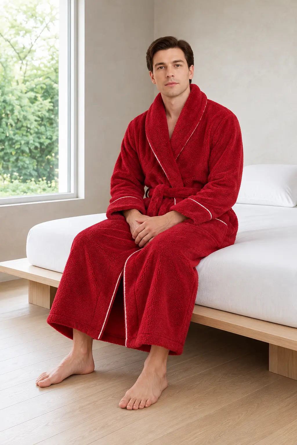 Men's Fleece Robe - Thick Flannel Shawl Collar Bathrobe with Belt & Pockets - Carmine