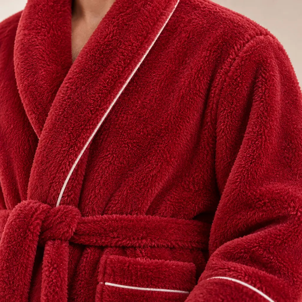 Men's Fleece Robe - Thick Flannel Shawl Collar Bathrobe with Belt & Pockets - Carmine