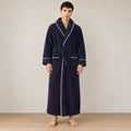 Men's Fleece Robe - Thick Flannel Shawl Collar Bathrobe with Belt & Pockets - Navy Blue