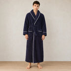 Men's Fleece Robe - Thick Flannel Shawl Collar Bathrobe with Belt & Pockets - Navy Blue