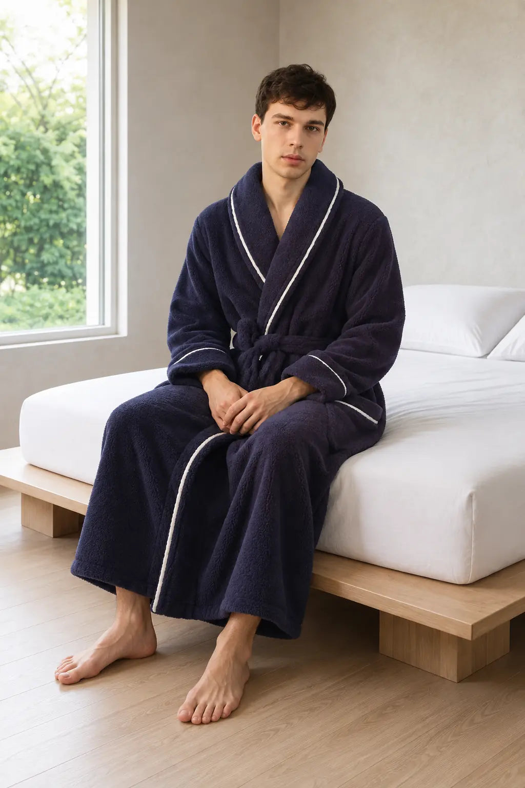 Men's Fleece Robe - Thick Flannel Shawl Collar Bathrobe with Belt & Pockets - Navy Blue