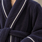 Men's Fleece Robe - Thick Flannel Shawl Collar Bathrobe with Belt & Pockets - Navy Blue