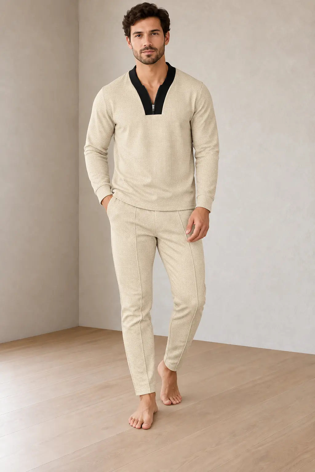 Men's Lounge Set - Long Sleeve Zip V-Neck Textured Top & Slim Tapered Pants - Khaki