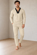 Men's Lounge Set - Long Sleeve Zip V-Neck Textured Top & Slim Tapered Pants - Khaki