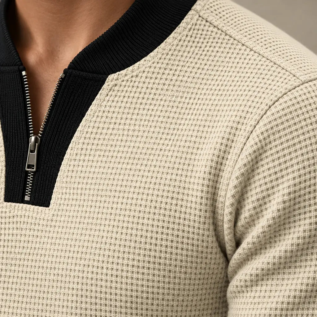 Men's Lounge Set - Long Sleeve Zip V-Neck Textured Top & Slim Tapered Pants - Khaki