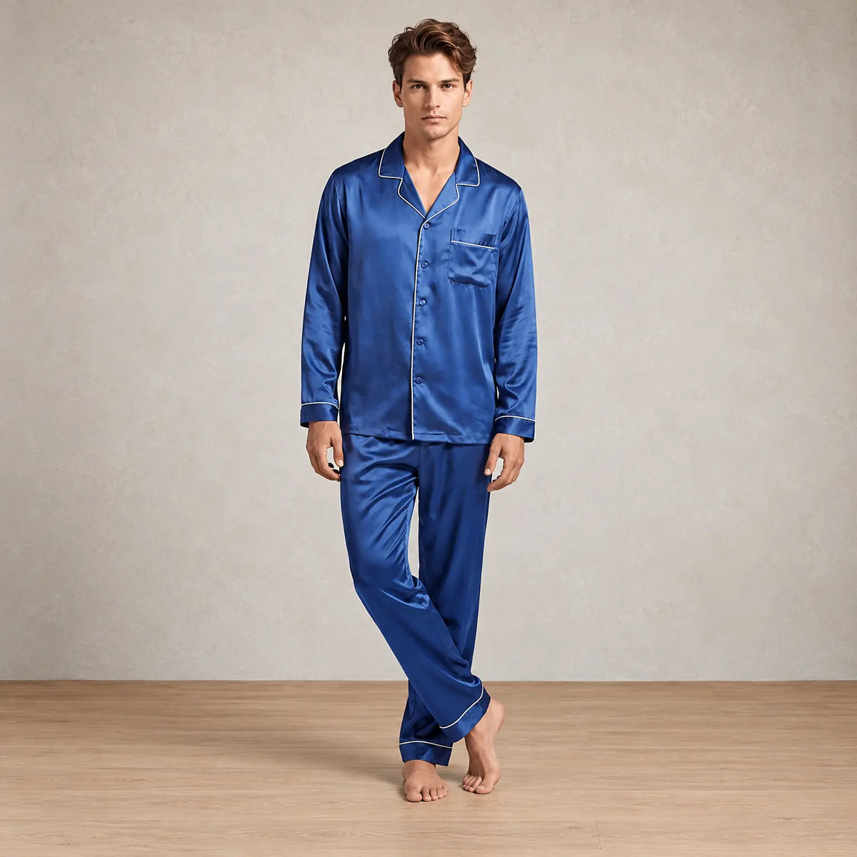 Men's Lounge Set - Silk-Look Button-Down Long Sleeve Pajama Shirt & Pants - Blue