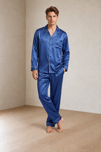 Men's Lounge Set - Silk-Look Button-Down Long Sleeve Pajama Shirt & Pants - Blue
