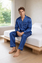 Men's Lounge Set - Silk-Look Button-Down Long Sleeve Pajama Shirt & Pants - Blue