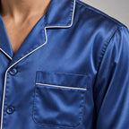 Men's Lounge Set - Silk-Look Button-Down Long Sleeve Pajama Shirt & Pants - Blue