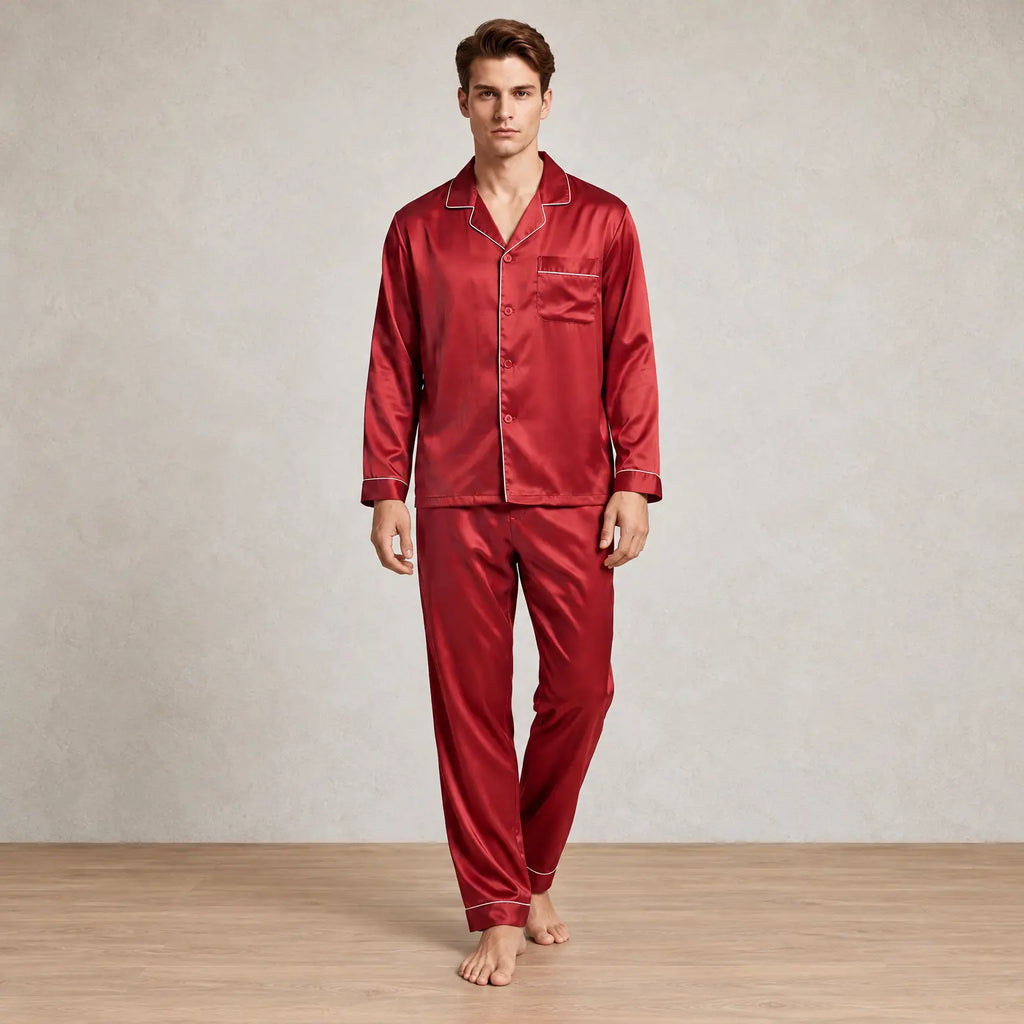 Men's Lounge Set - Silk-Look Button-Down Long Sleeve Pajama Shirt & Pants - Red