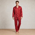 Men's Lounge Set - Silk-Look Button-Down Long Sleeve Pajama Shirt & Pants - Red