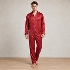 Men's Lounge Set - Silk-Look Button-Down Long Sleeve Pajama Shirt & Pants - Red
