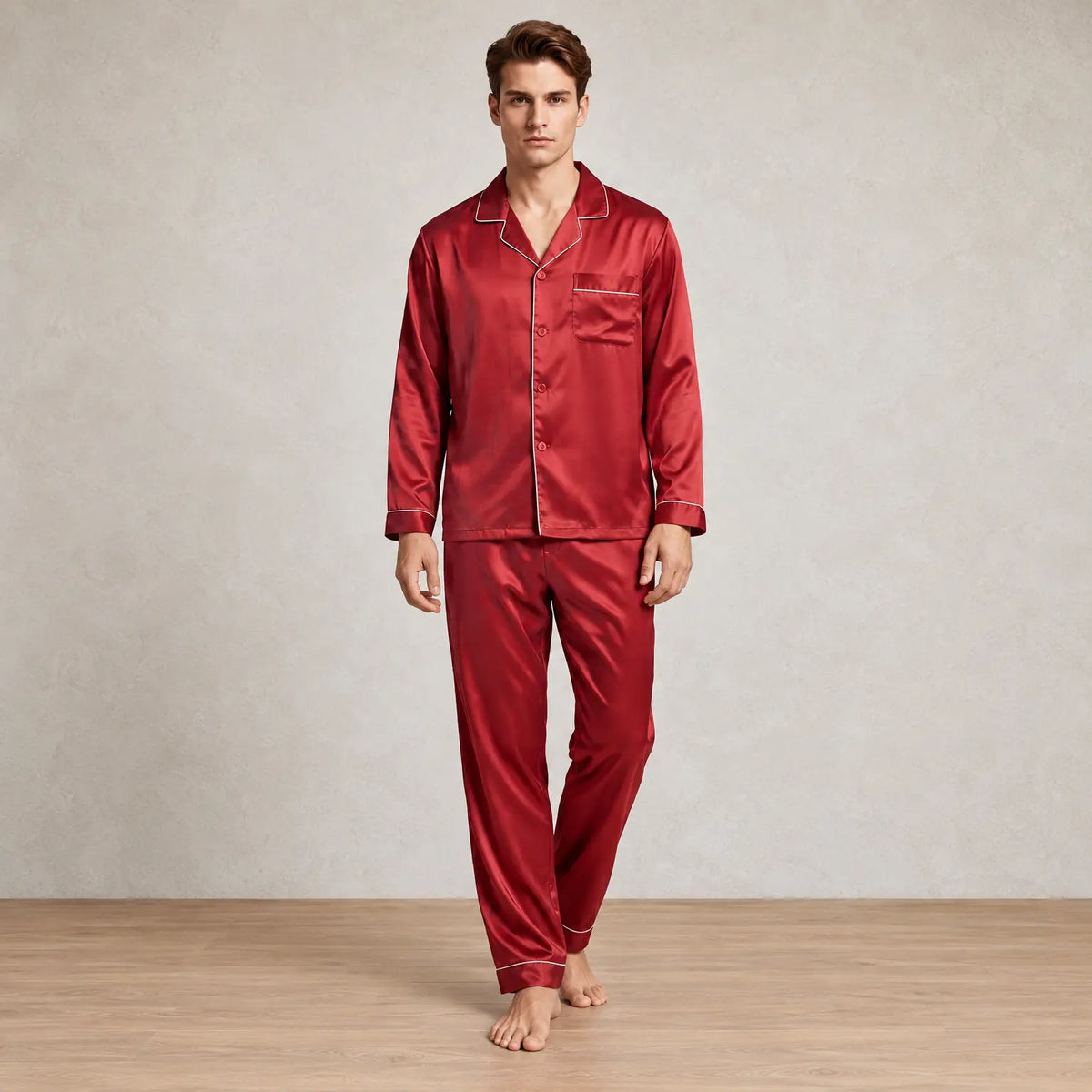 Men's Lounge Set - Silk-Look Button-Down Long Sleeve Pajama Shirt & Pants - Red