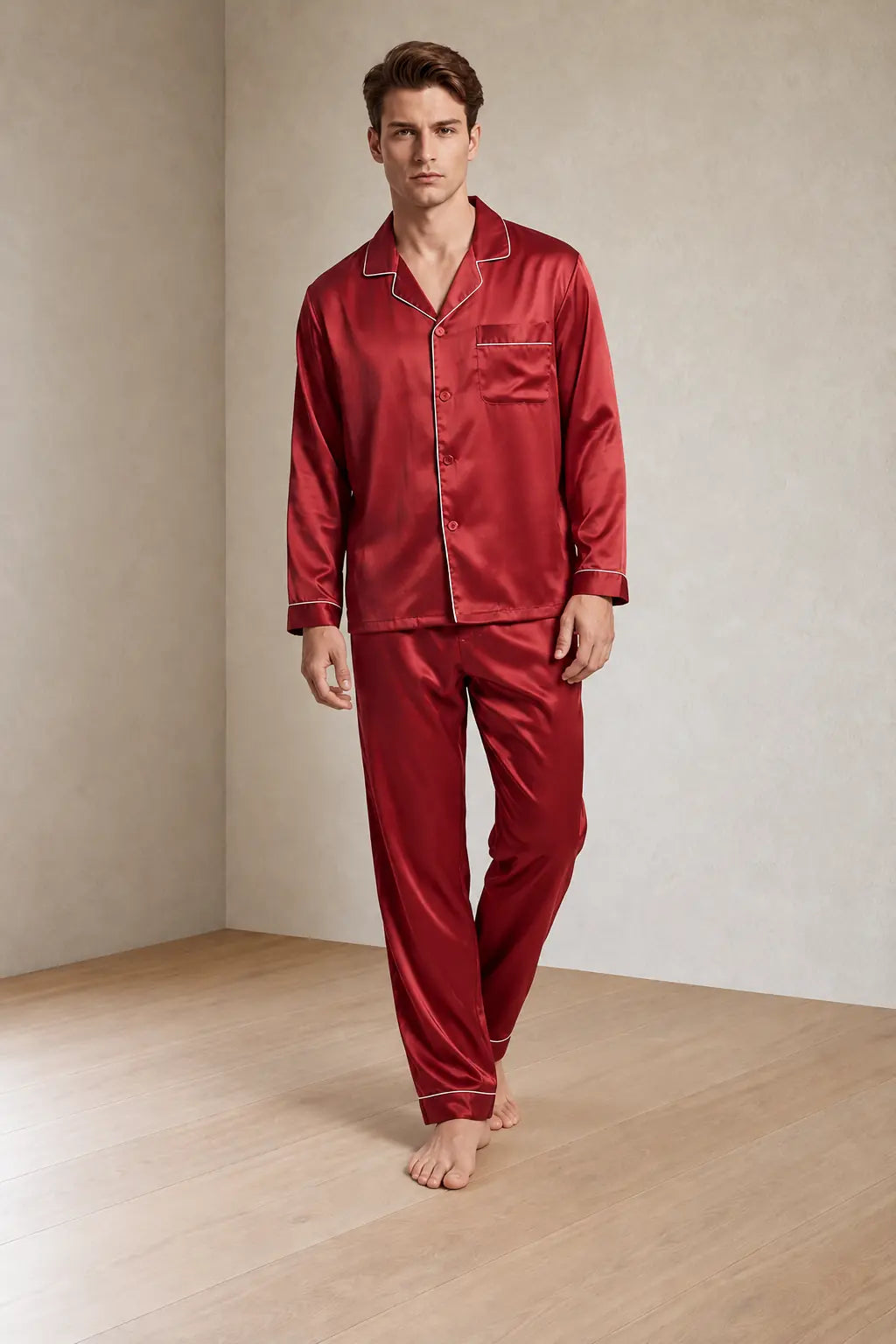 Men's Lounge Set - Silk-Look Button-Down Long Sleeve Pajama Shirt & Pants - Red