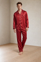 Men's Lounge Set - Silk-Look Button-Down Long Sleeve Pajama Shirt & Pants - Red